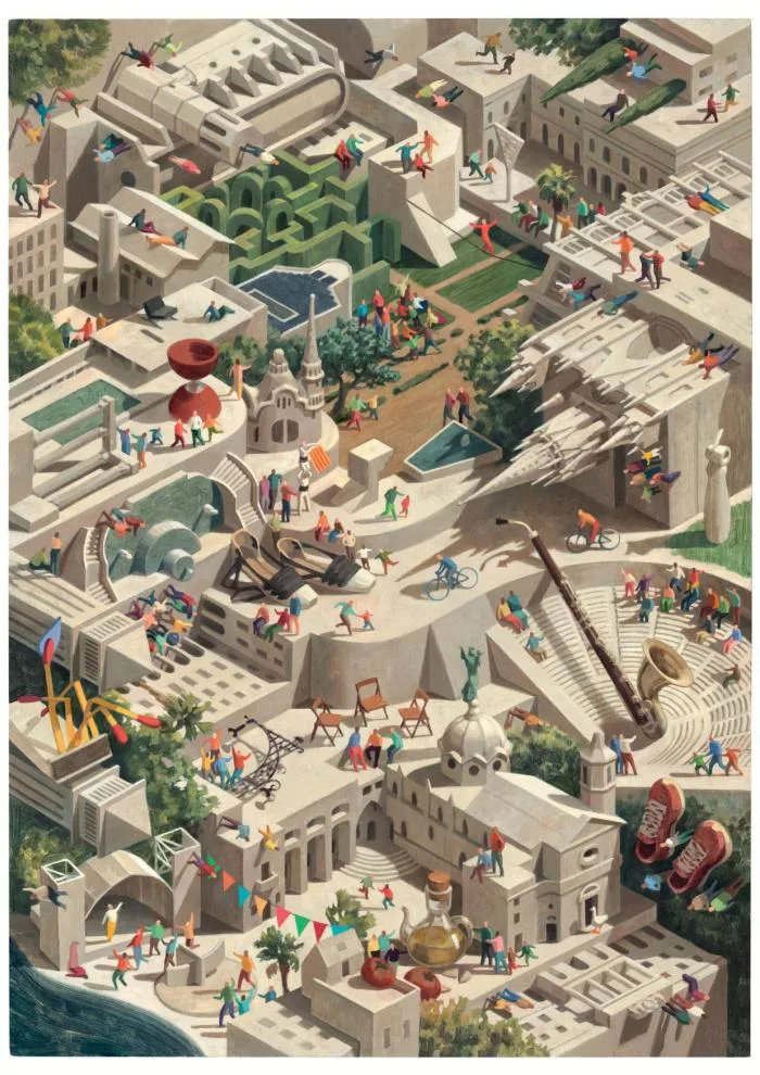 Cartel de La Mercè 2026 de Cinta Vidal mostrando Barcelona en perspectiva imposible con edificios y escenas festivas